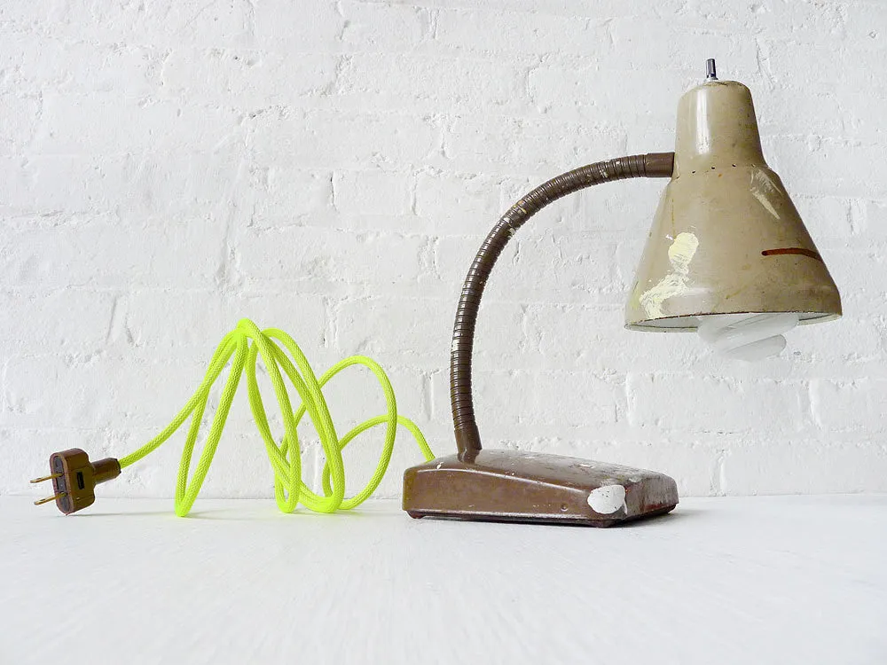 10% SALE Brown Paint Splatter Gooseneck Lamp w/ Neon Yellow Cord