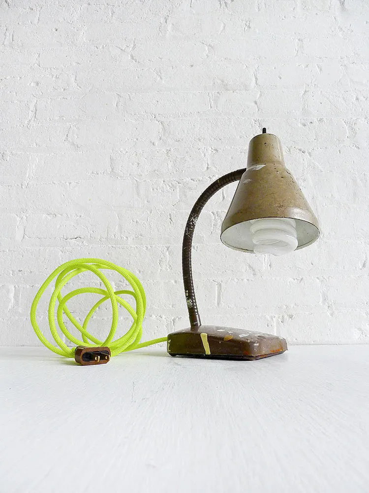 10% SALE Brown Paint Splatter Gooseneck Lamp w/ Neon Yellow Cord