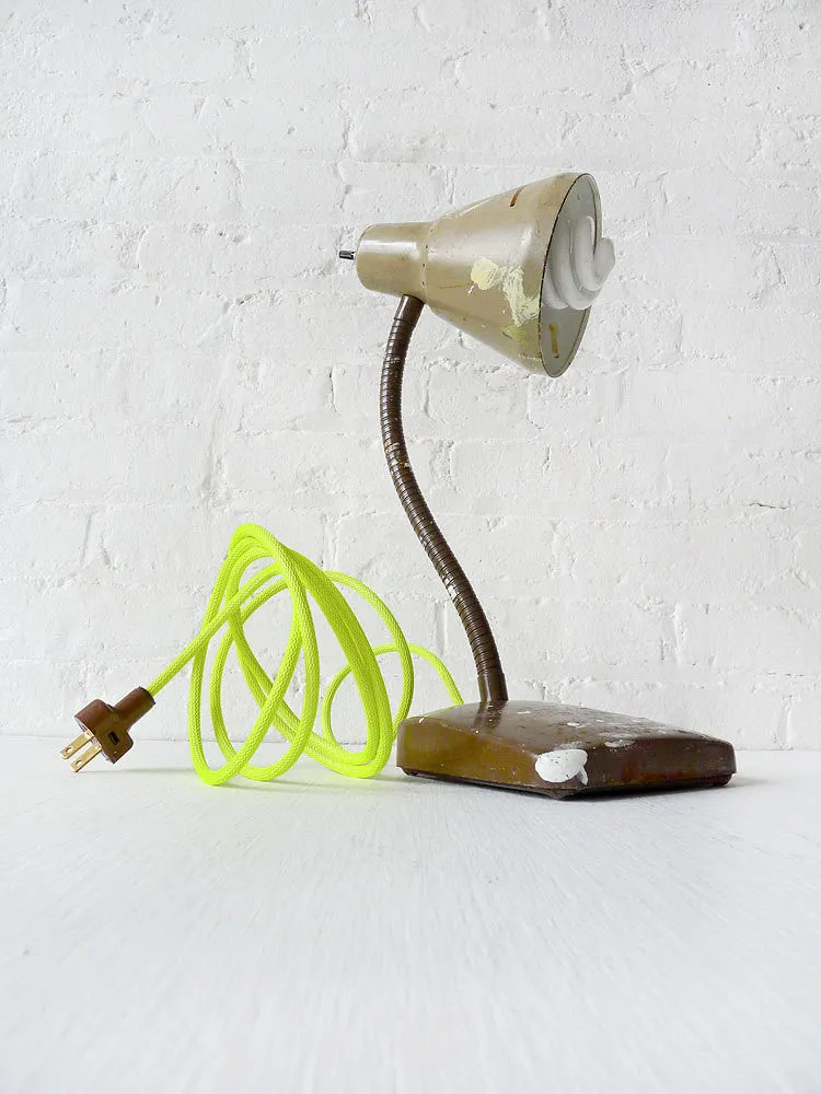 10% SALE Brown Paint Splatter Gooseneck Lamp w/ Neon Yellow Cord