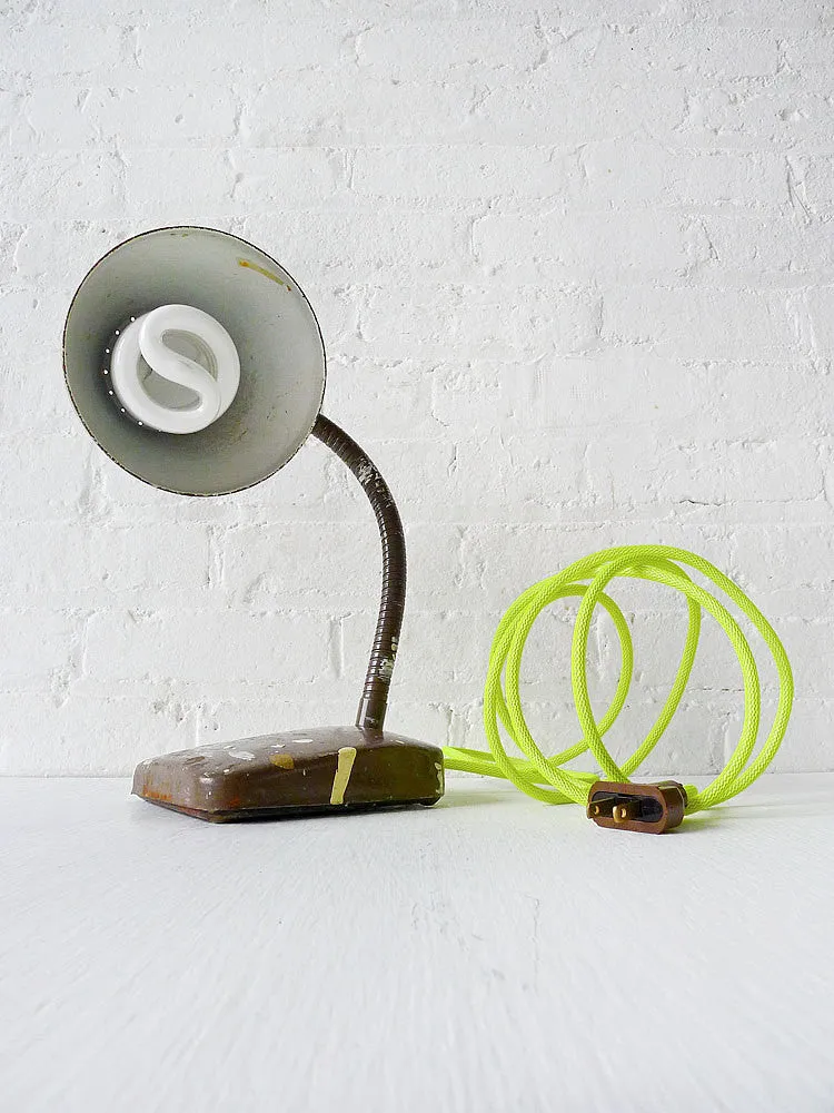 10% SALE Brown Paint Splatter Gooseneck Lamp w/ Neon Yellow Cord