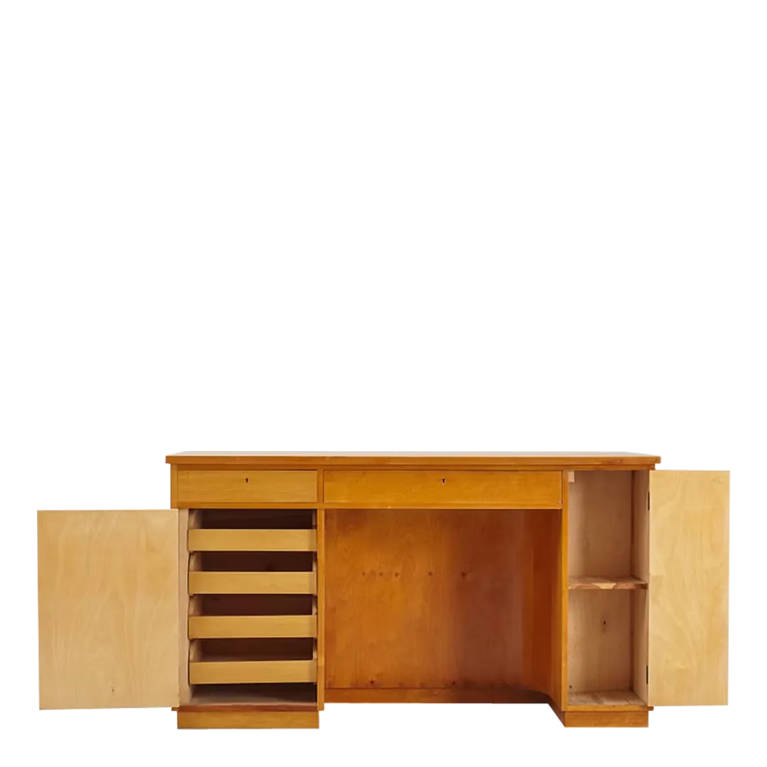 1930s Swedish : flame birchwood rounded corner desk