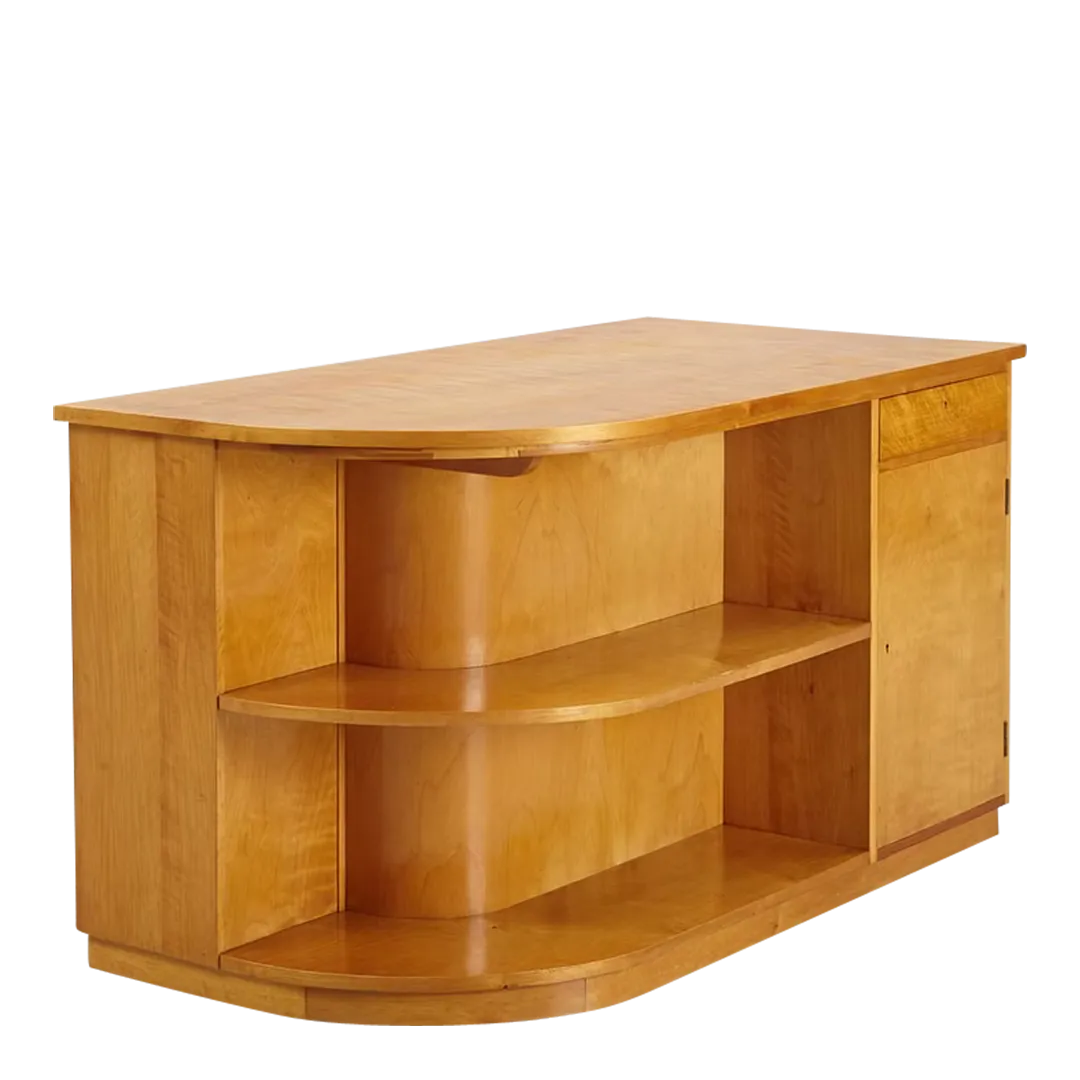 1930s Swedish : flame birchwood rounded corner desk
