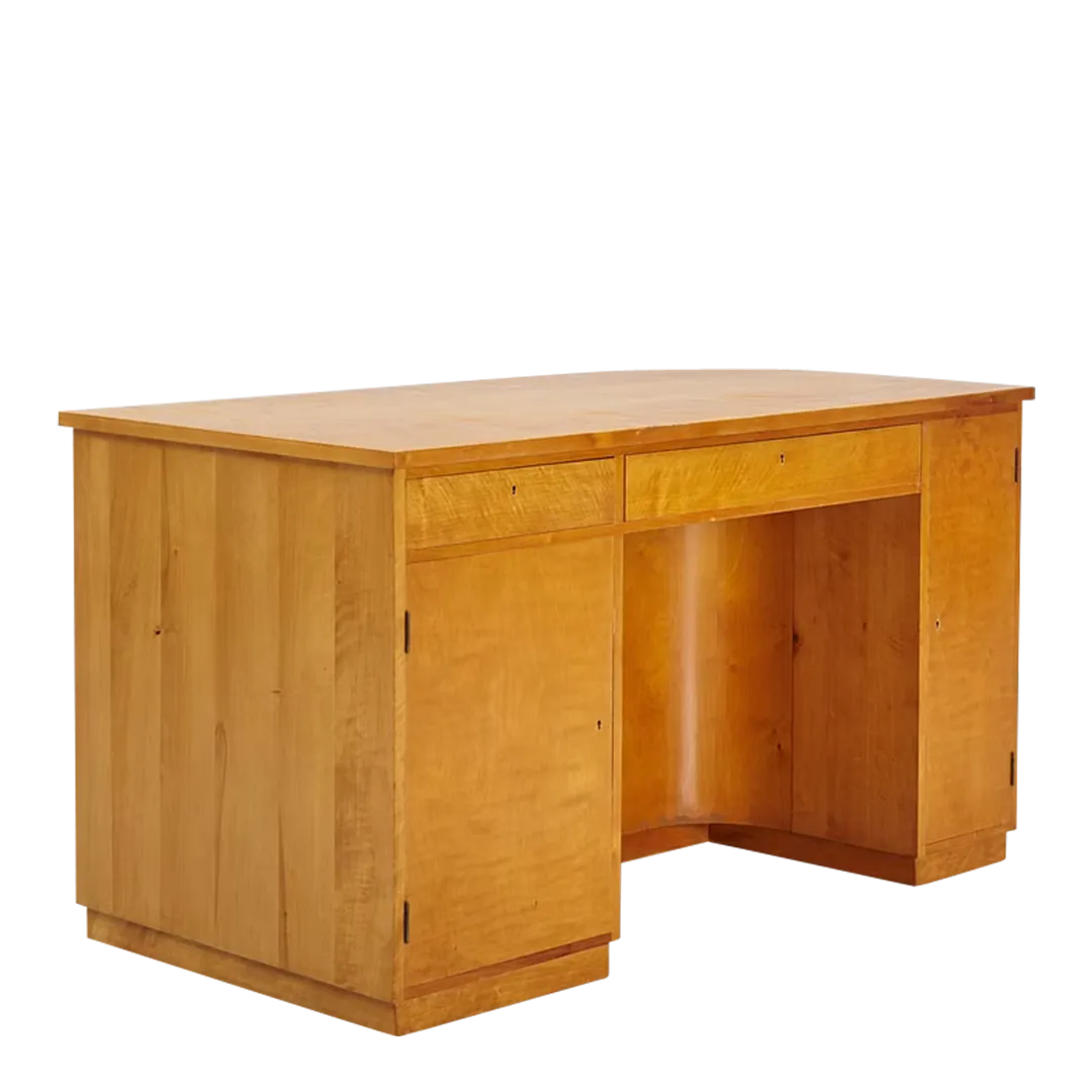 1930s Swedish : flame birchwood rounded corner desk