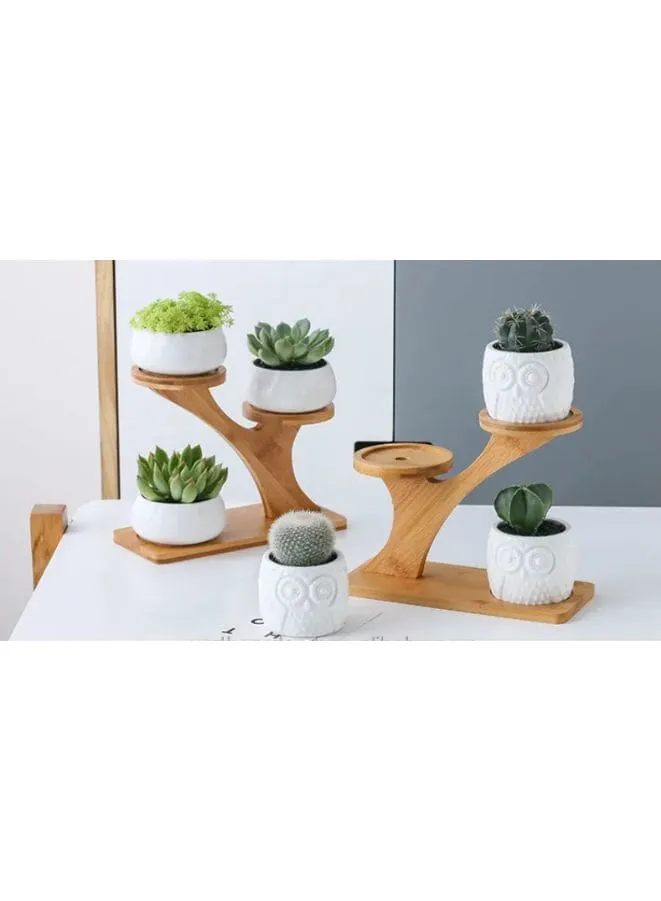 3 Pcs Cute Owl Indoor Flower Pots for Home Interior Design with Bamboo Saucers Stand Holder (Owl Pot with Stand)(Plants NOT Included)