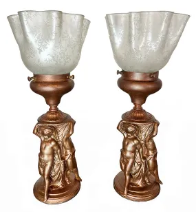$750 PAIR - Early 1900s Beaux Arts Three Sided Figural Table lamps with Antique Acid Etched Ruffled and Floral Shades