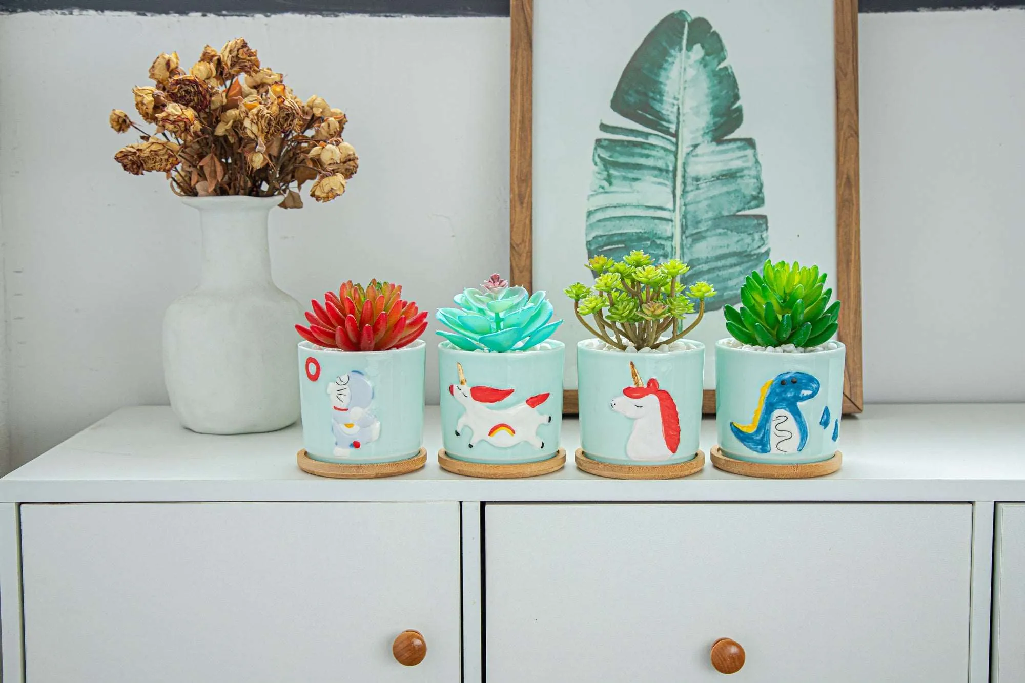8.5 CM Cute Ceramic Succulent Garden Pots, Planter with Drainage and Attached Saucer -Plants Not Included (Animals)