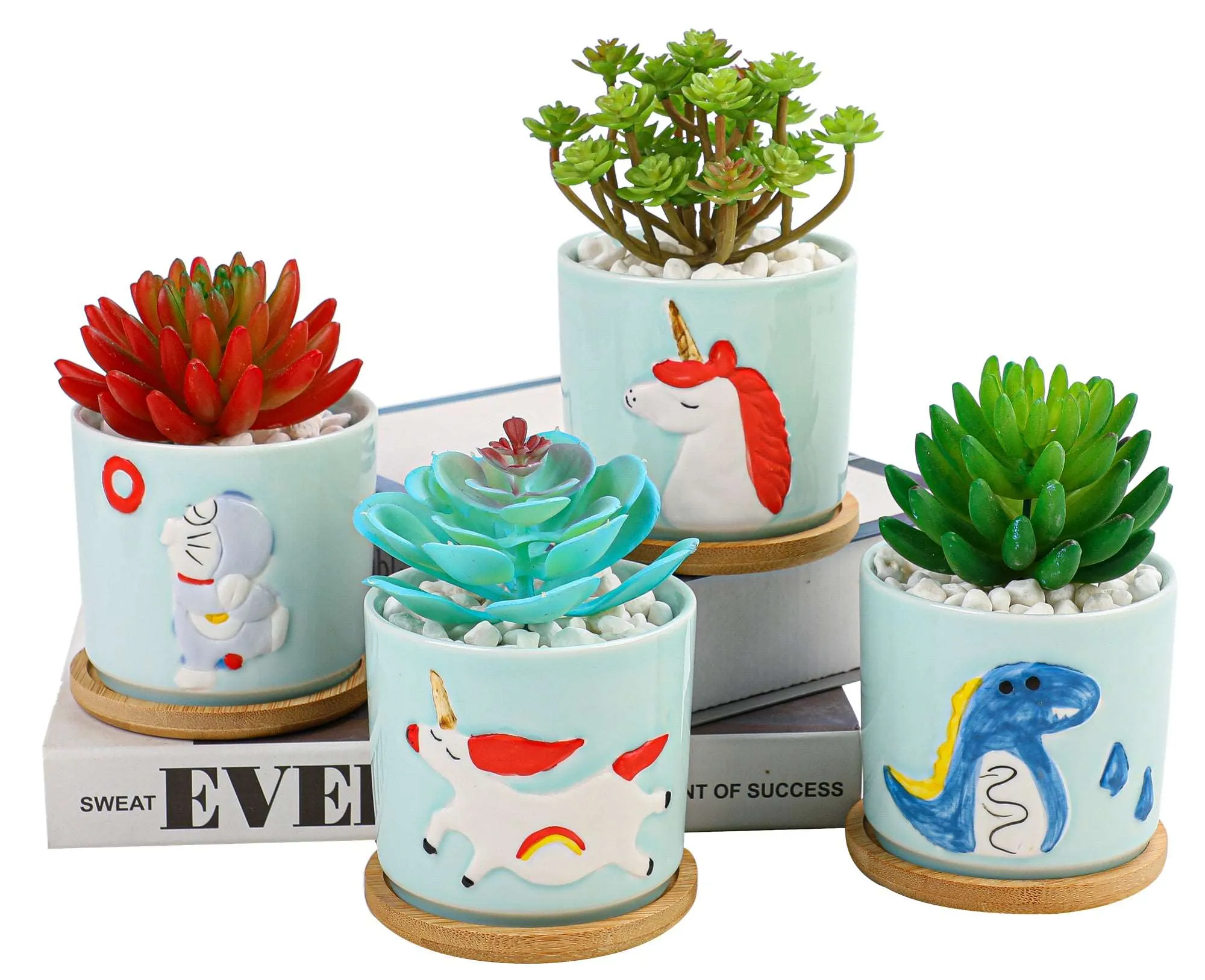 8.5 CM Cute Ceramic Succulent Garden Pots, Planter with Drainage and Attached Saucer -Plants Not Included (Animals)