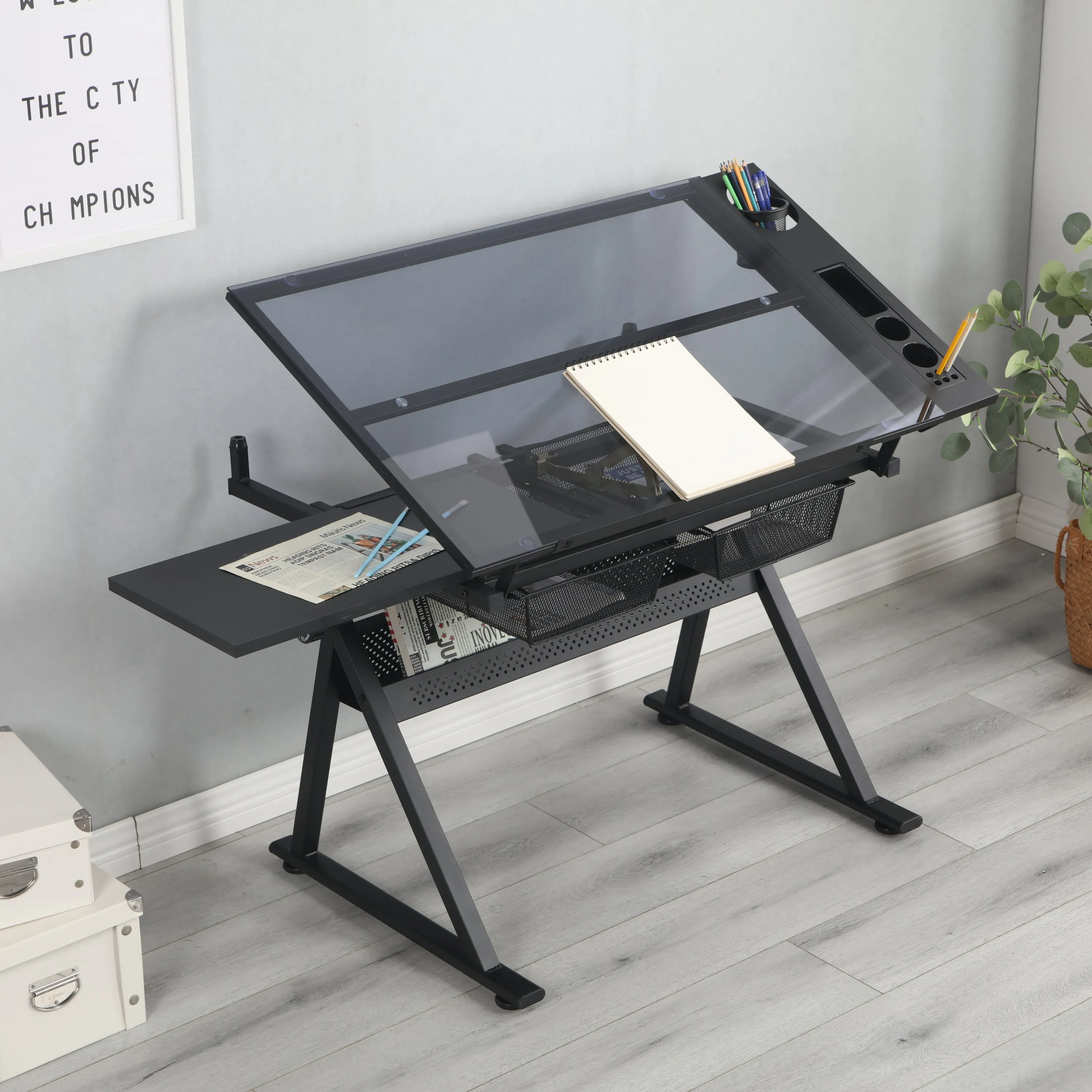 Adjustable tempered glass drafting printing table with chair