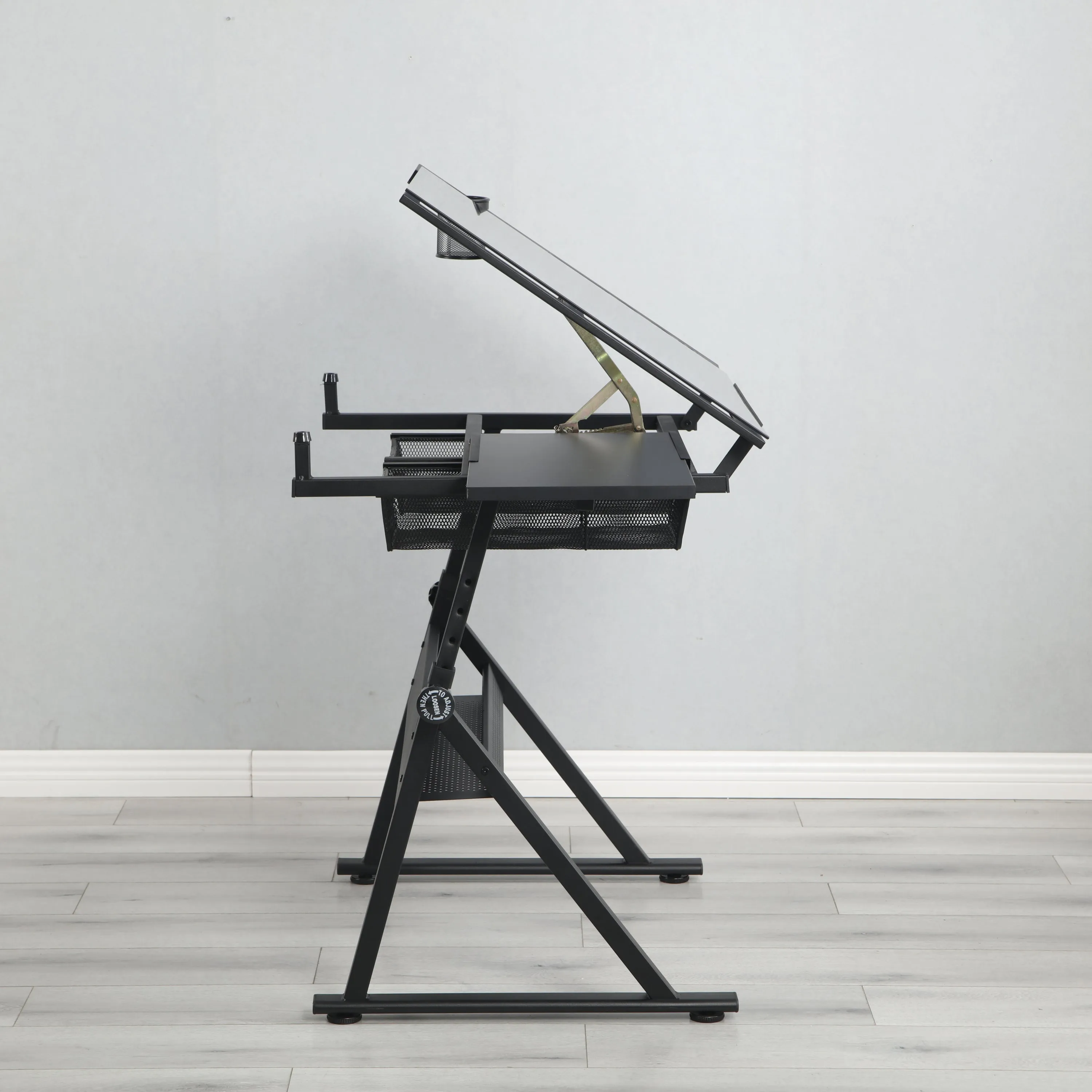 Adjustable tempered glass drafting printing table with chair
