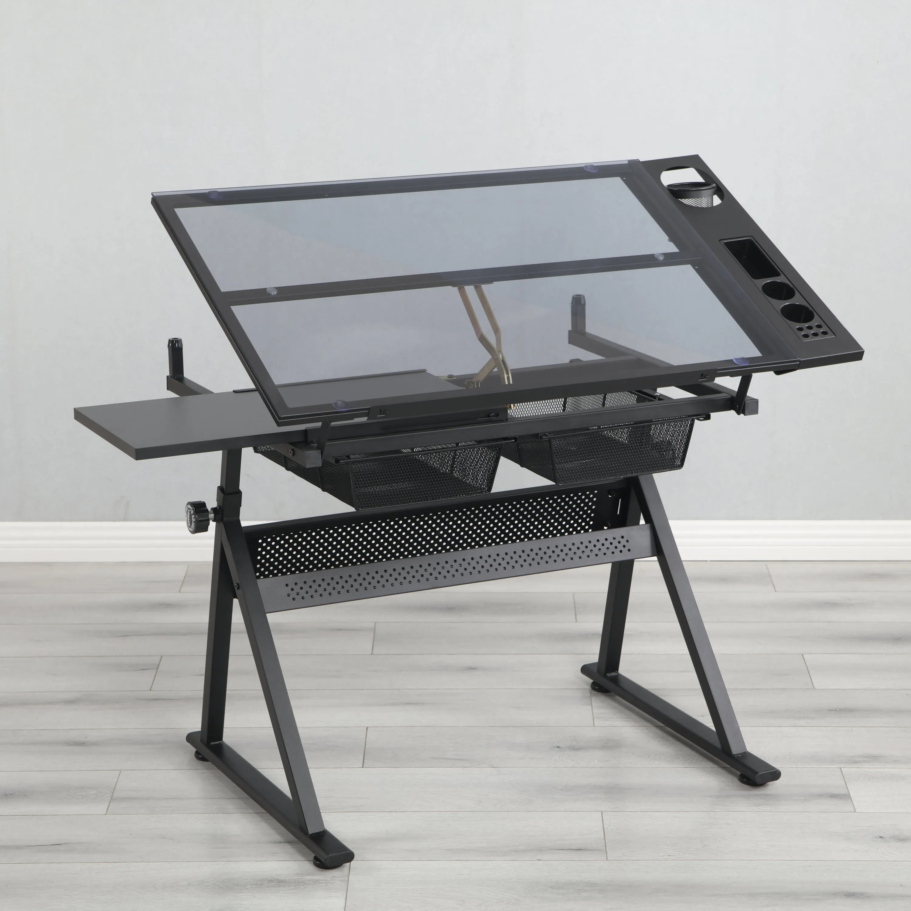 Adjustable tempered glass drafting printing table with chair