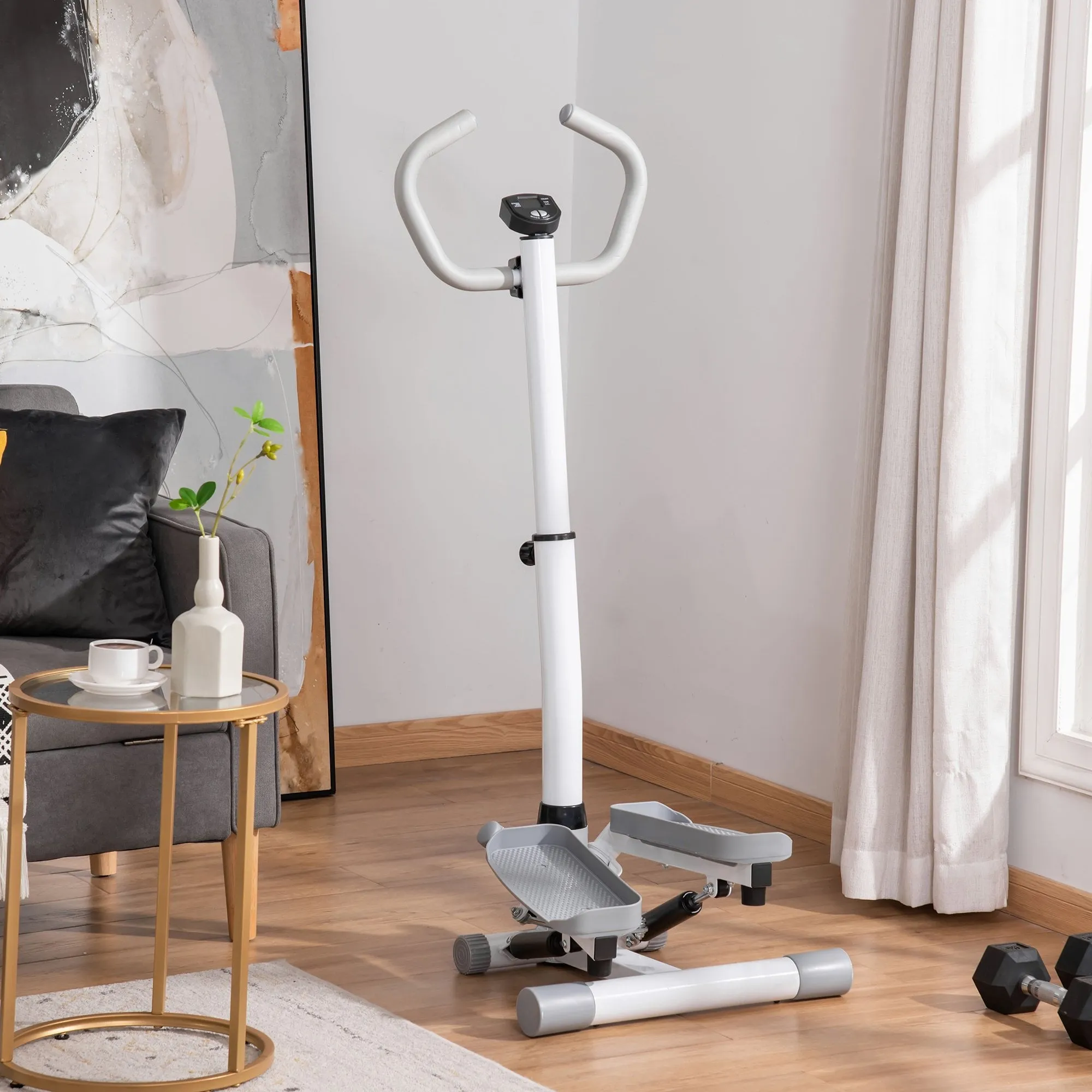 Adjustable Twist Stepper Aerobic Ab Exercise Fitness Workout Machine w/ Elastic Bands, LCD Screen, Height Adjust Handlebars for Home Gym