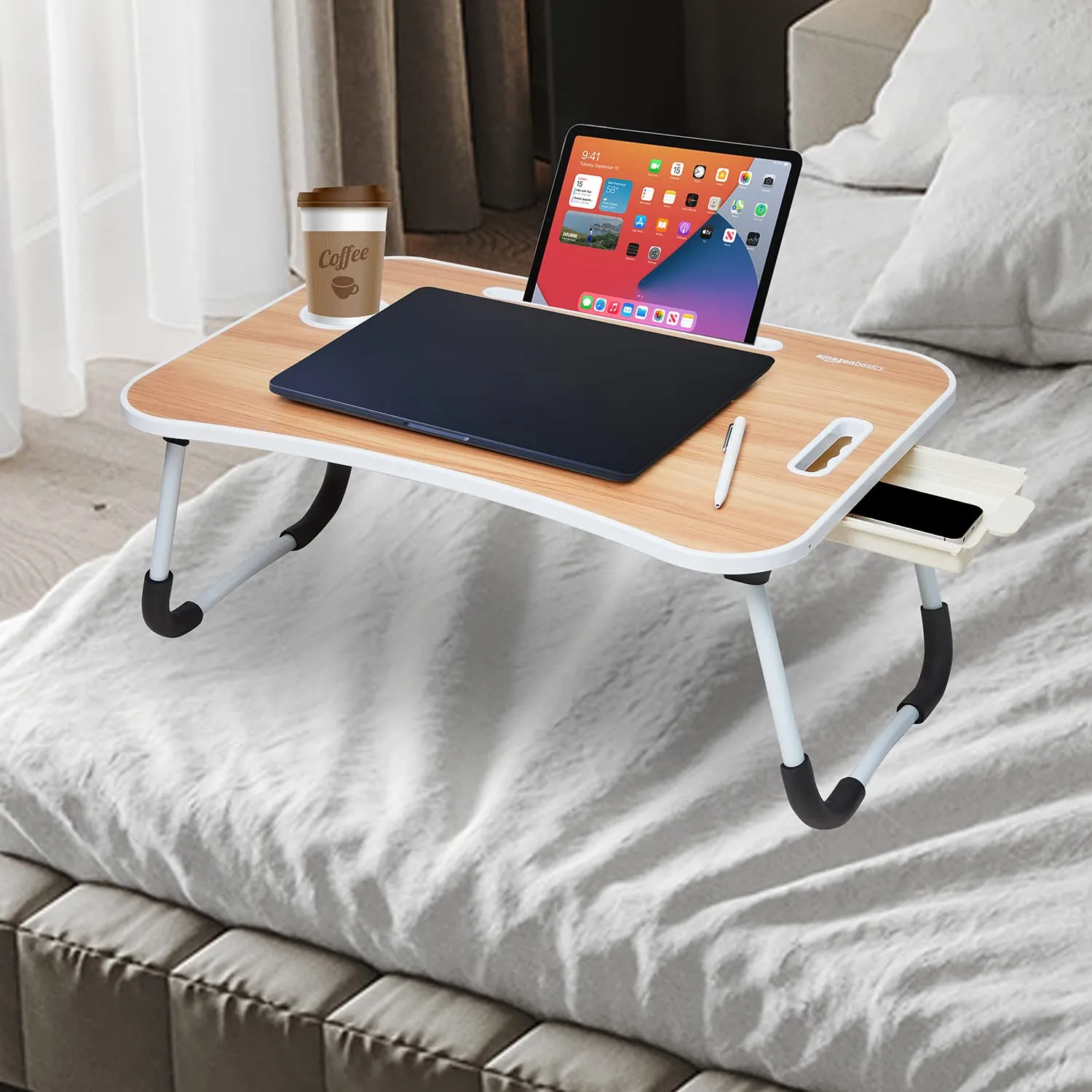 Amazon Basics Engineered Wood Foldable Laptop Table with Cup Holder, Tablet Groove and Mini Drawer (Brown)