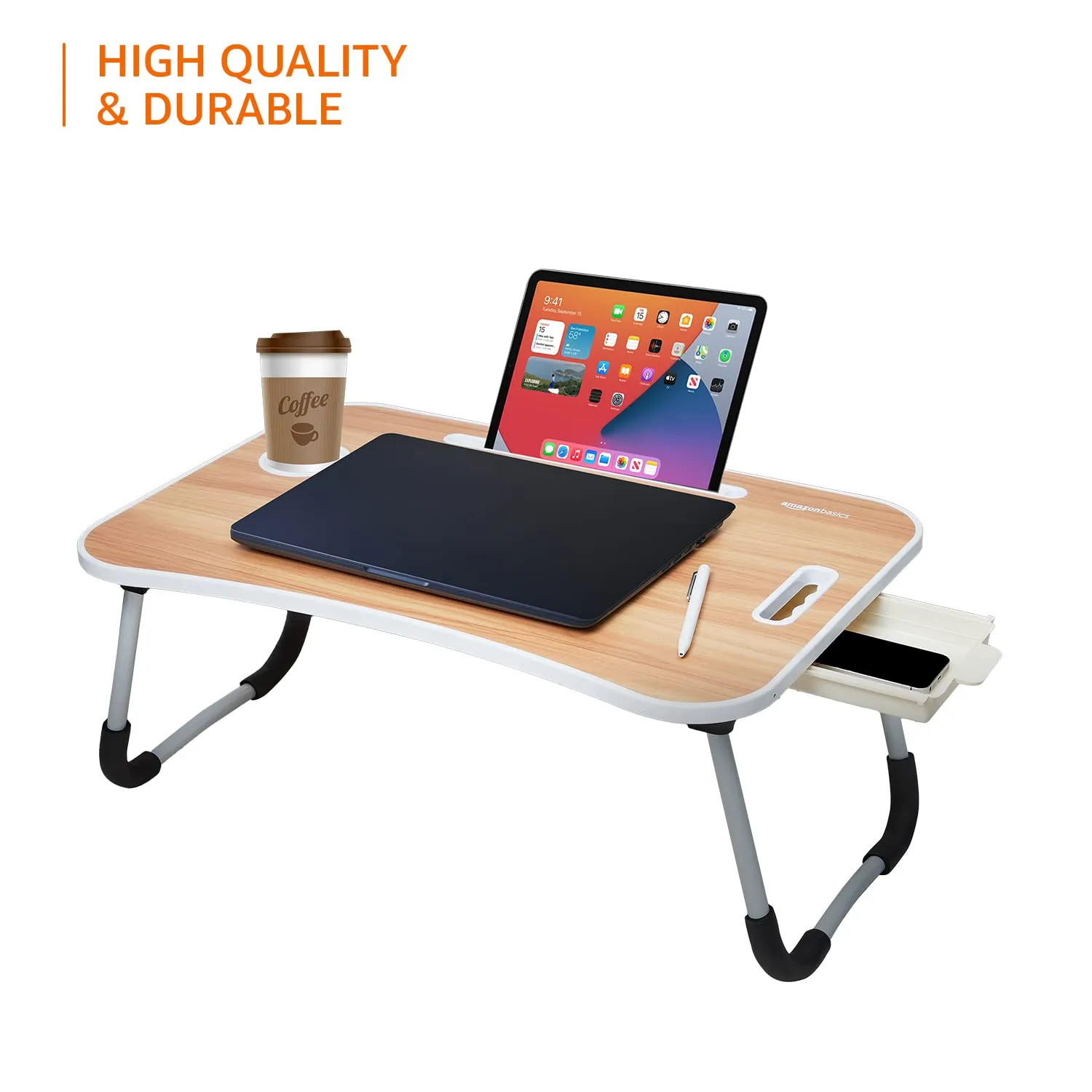 Amazon Basics Engineered Wood Foldable Laptop Table with Cup Holder, Tablet Groove and Mini Drawer (Brown)