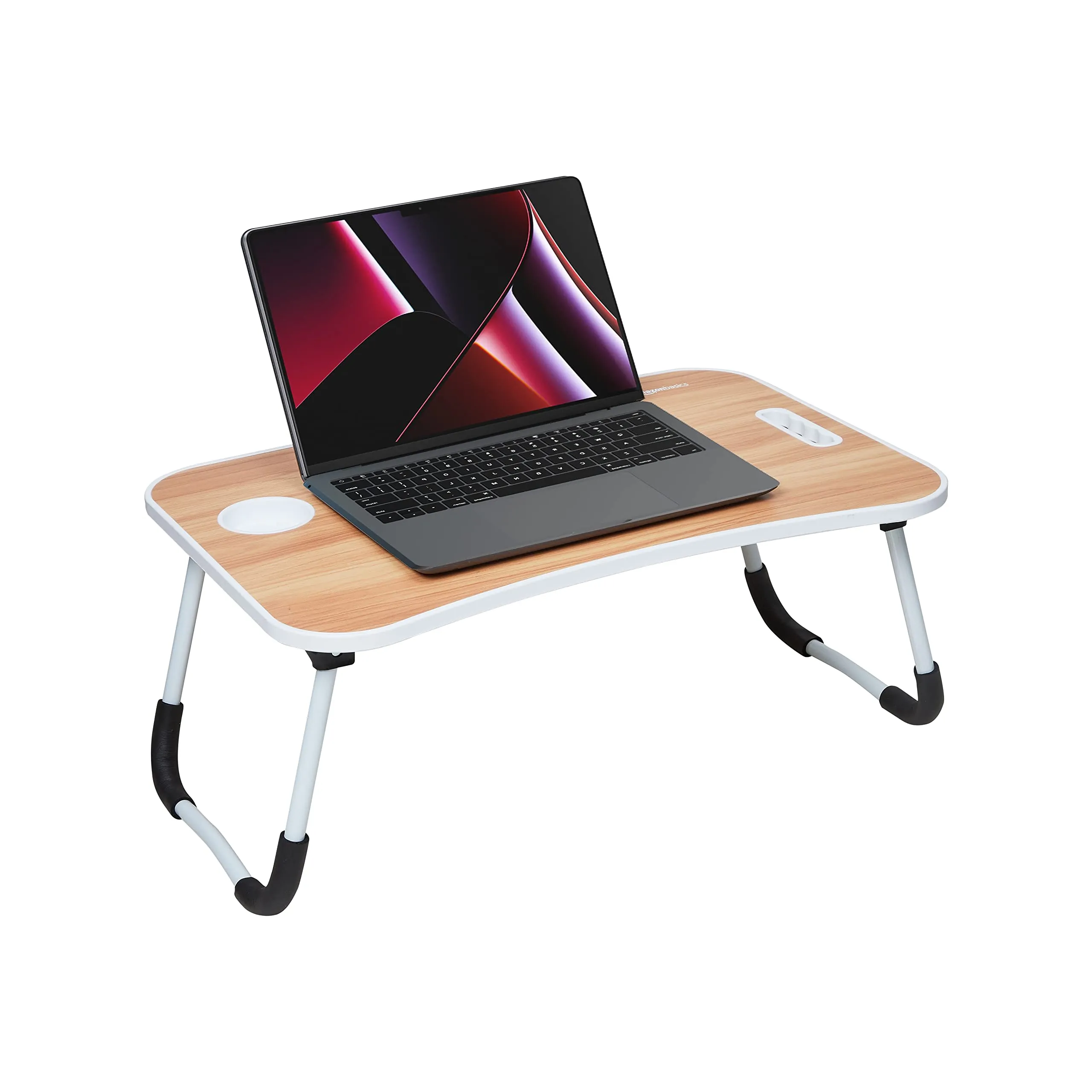 Amazon Basics Engineered Wood Foldable Laptop Table with Cup Holder, Tablet Groove and Mini Drawer (Brown)