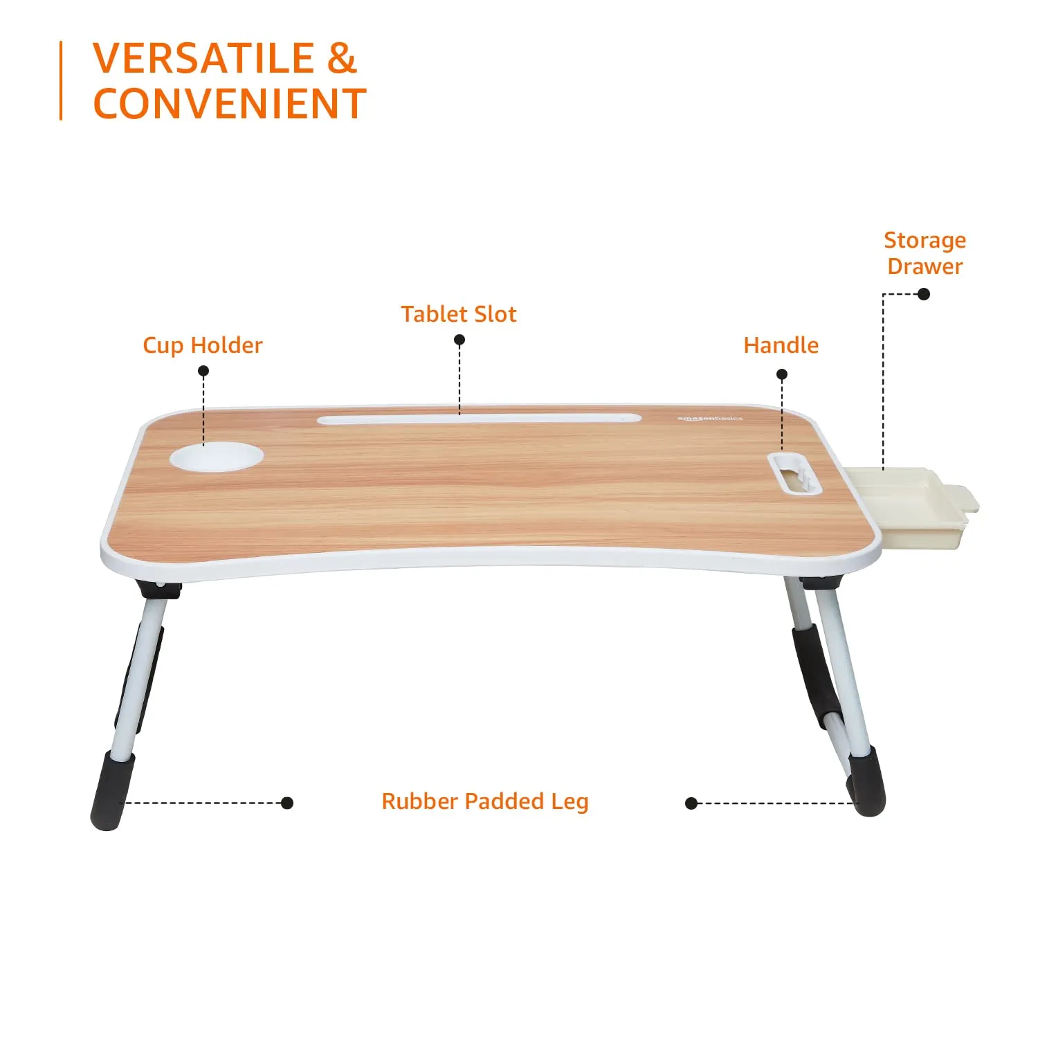 Amazon Basics Engineered Wood Foldable Laptop Table with Cup Holder, Tablet Groove and Mini Drawer (Brown)