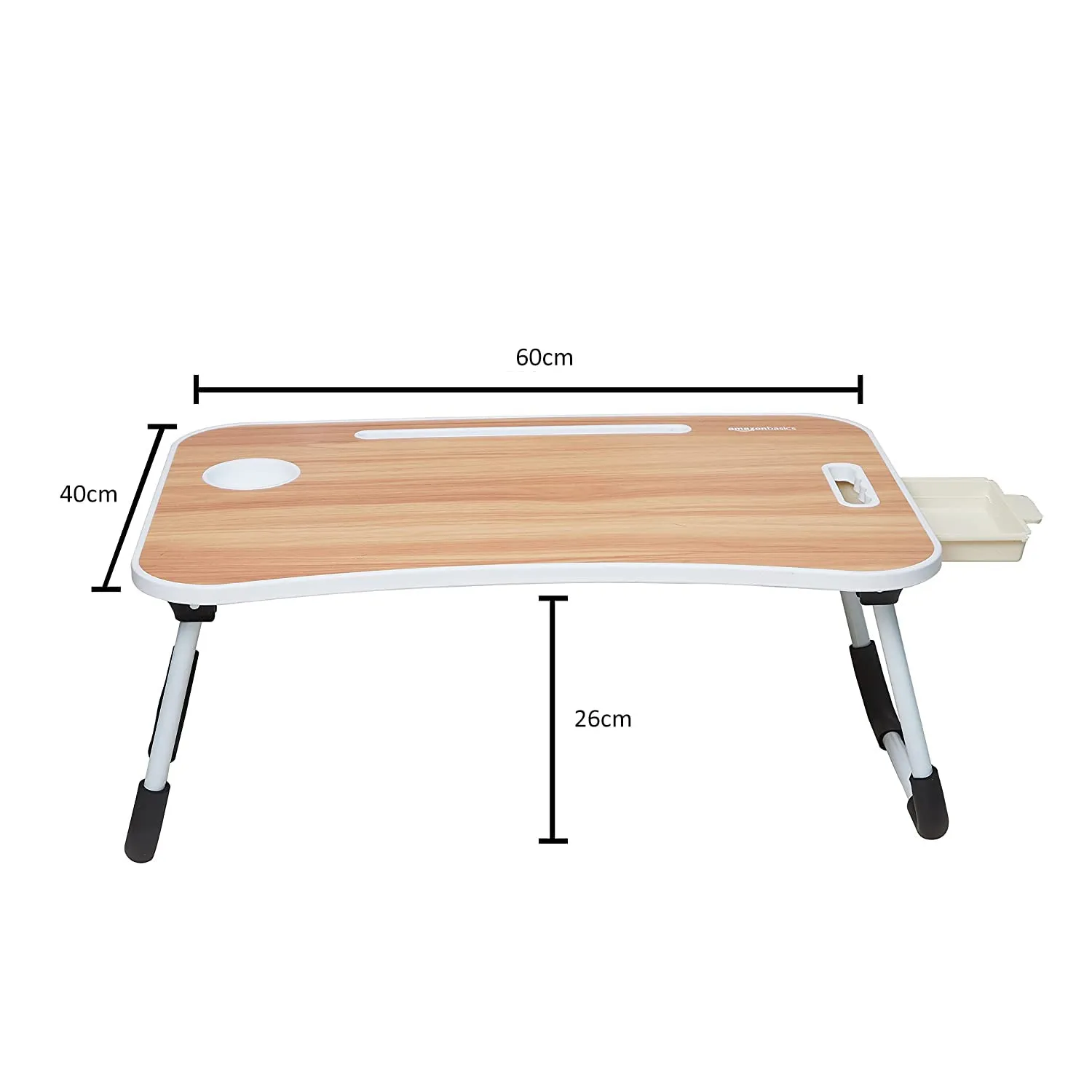 Amazon Basics Engineered Wood Foldable Laptop Table with Cup Holder, Tablet Groove and Mini Drawer (Brown)