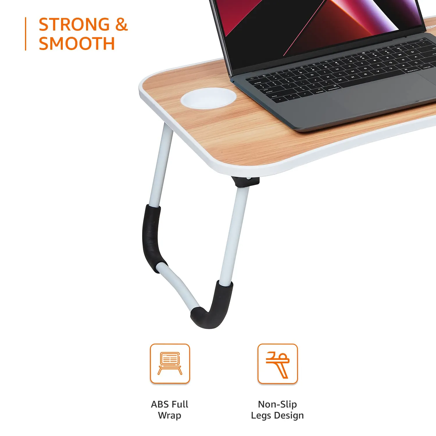 Amazon Basics Engineered Wood Foldable Laptop Table with Cup Holder, Tablet Groove and Mini Drawer (Brown)