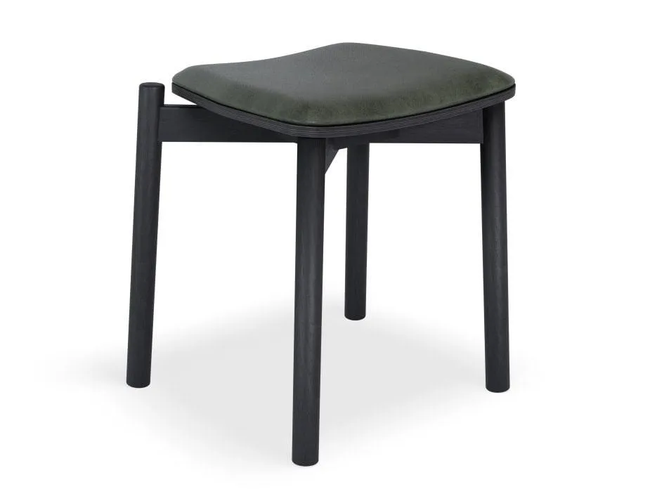 Andi Low Stool - Black Ash with Pad - 45cm - Vintage Green Vegan Leather Seat Pad