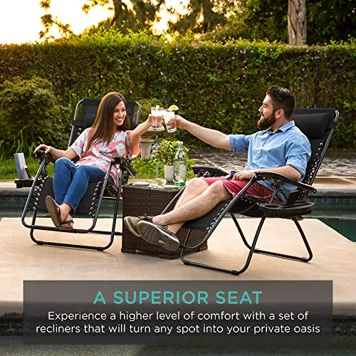 Best Choice Products Set of 2 Adjustable Steel Mesh Zero Gravity Lounge Chair Recliners w/Pillows and Cup Holder Trays, Beige