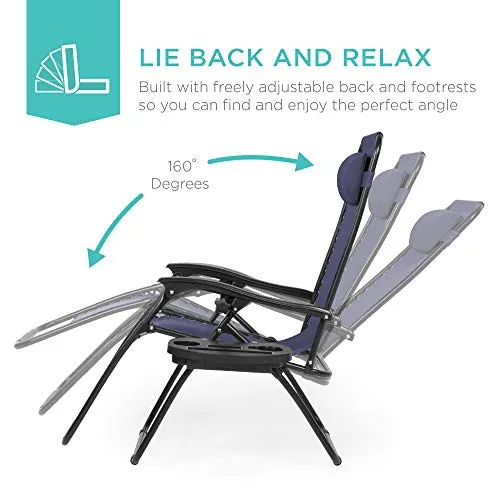 Best Choice Products Set of 2 Adjustable Steel Mesh Zero Gravity Lounge Chair Recliners w/Pillows and Cup Holder Trays, Blue