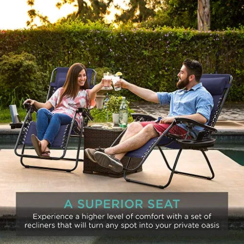 Best Choice Products Set of 2 Adjustable Steel Mesh Zero Gravity Lounge Chair Recliners w/Pillows and Cup Holder Trays, Blue