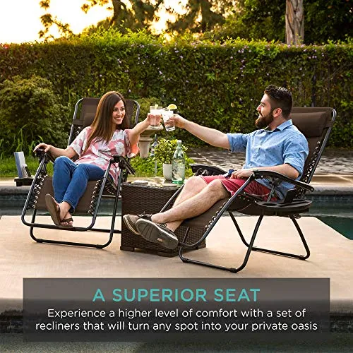 Best Choice Products Set of 2 Adjustable Steel Mesh Zero Gravity Lounge Chair Recliners w/Pillows and Cup Holder Trays, Brown
