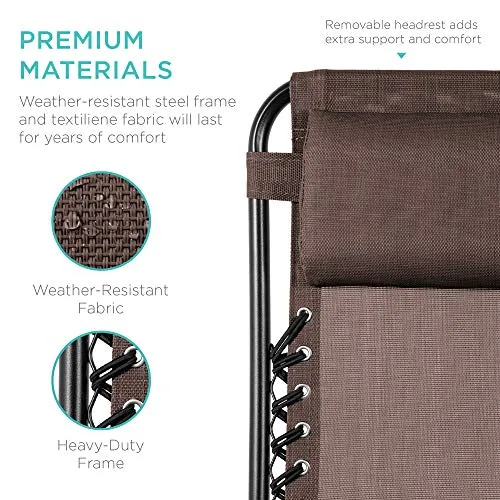Best Choice Products Set of 2 Adjustable Steel Mesh Zero Gravity Lounge Chair Recliners w/Pillows and Cup Holder Trays, Brown
