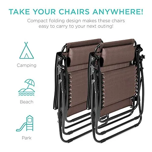 Best Choice Products Set of 2 Adjustable Steel Mesh Zero Gravity Lounge Chair Recliners w/Pillows and Cup Holder Trays, Brown