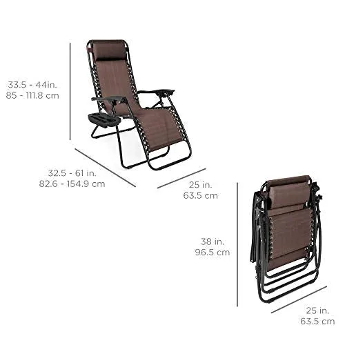 Best Choice Products Set of 2 Adjustable Steel Mesh Zero Gravity Lounge Chair Recliners w/Pillows and Cup Holder Trays, Brown
