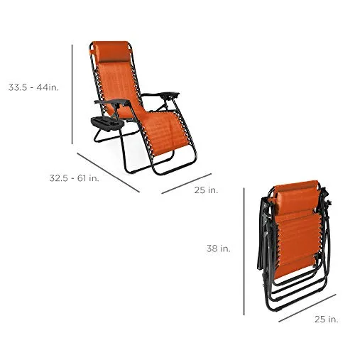 Best Choice Products Set of 2 Adjustable Steel Mesh Zero Gravity Lounge Chair Recliners w/Pillows and Cup Holder Trays - Burnt Orange