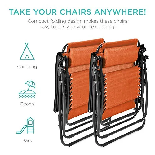 Best Choice Products Set of 2 Adjustable Steel Mesh Zero Gravity Lounge Chair Recliners w/Pillows and Cup Holder Trays - Burnt Orange