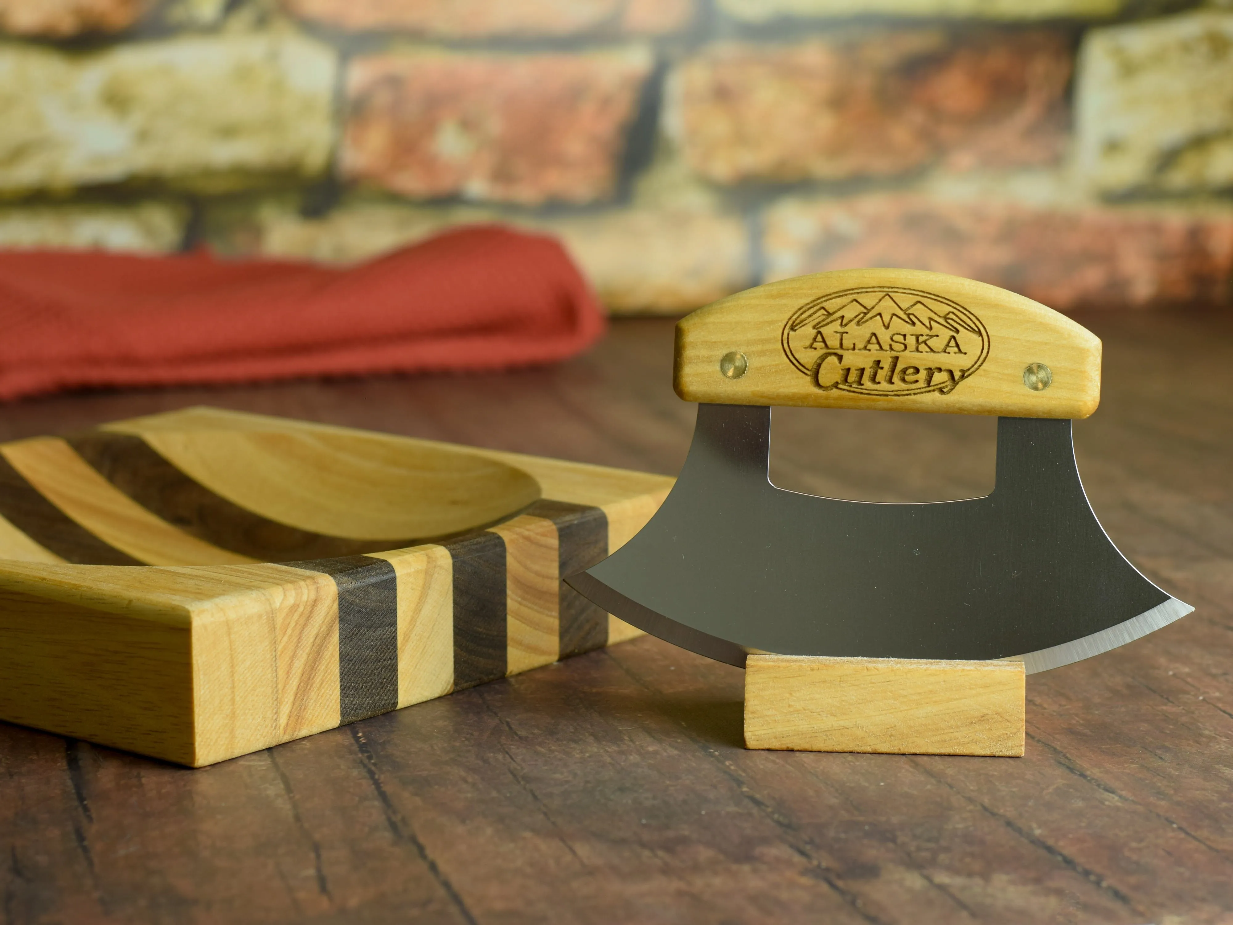 Birch Ulu Knife - Engraved "Alaska Cutlery" Mezzaluna - by The Ulu Factory in Alaska