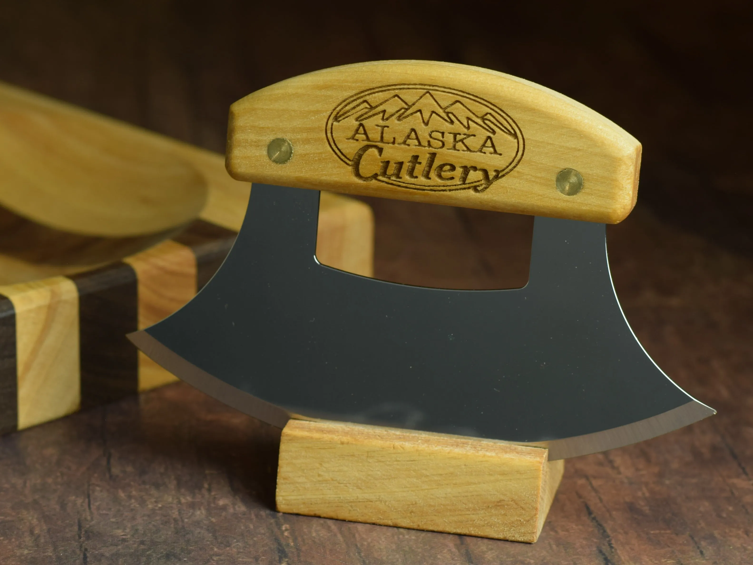 Birch Ulu Knife - Engraved "Alaska Cutlery" Mezzaluna - by The Ulu Factory in Alaska