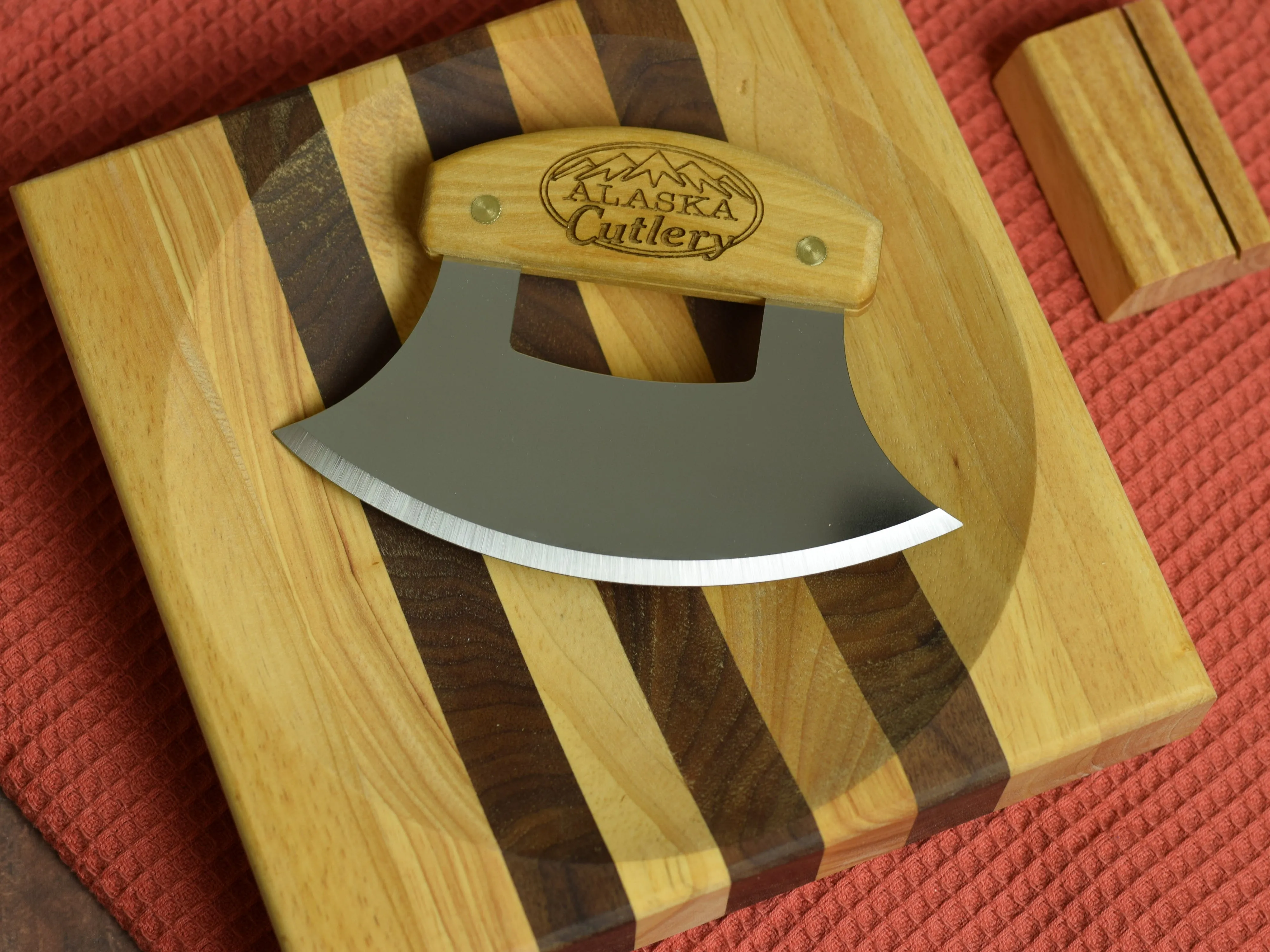 Birch Ulu Knife - Engraved "Alaska Cutlery" Mezzaluna - by The Ulu Factory in Alaska