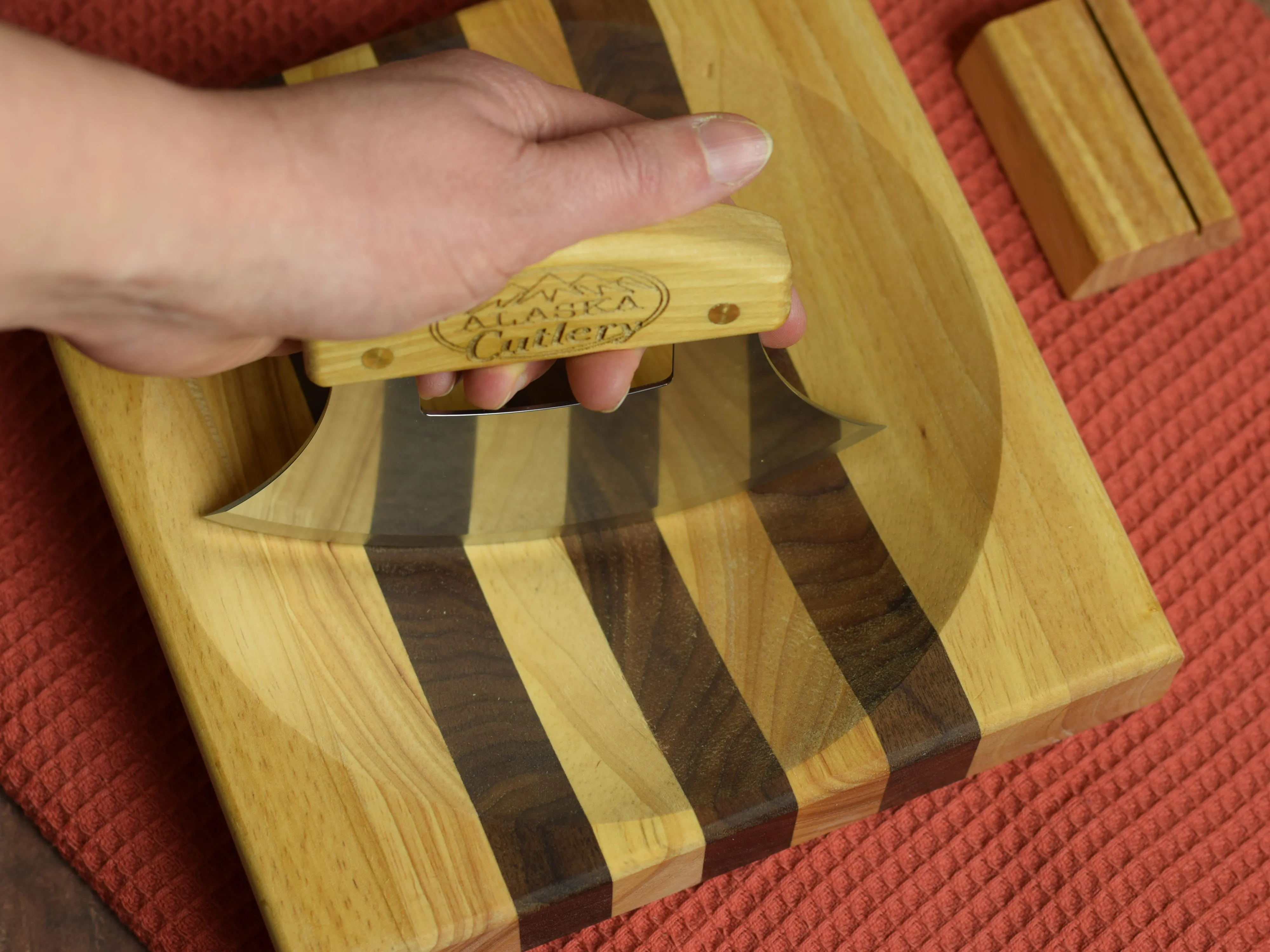 Birch Ulu Knife - Engraved "Alaska Cutlery" Mezzaluna - by The Ulu Factory in Alaska