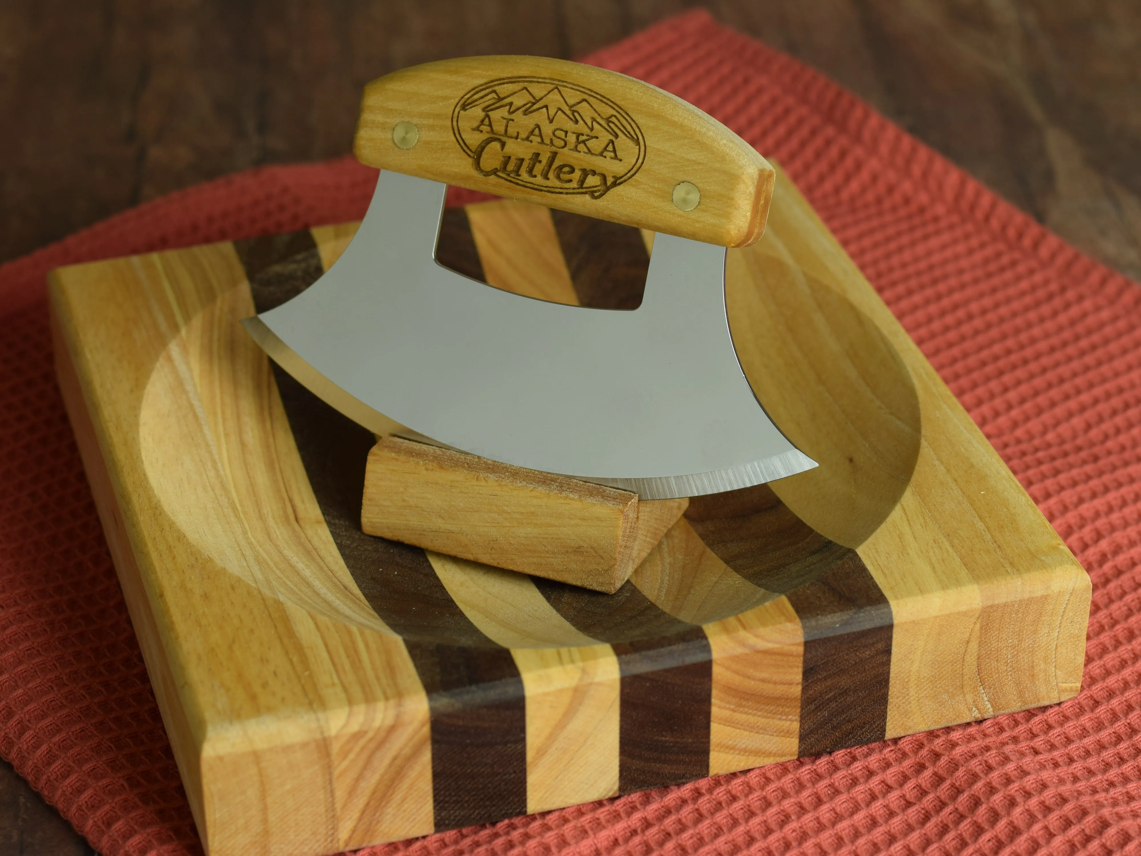 Birch Ulu Knife - Engraved "Alaska Cutlery" Mezzaluna - by The Ulu Factory in Alaska