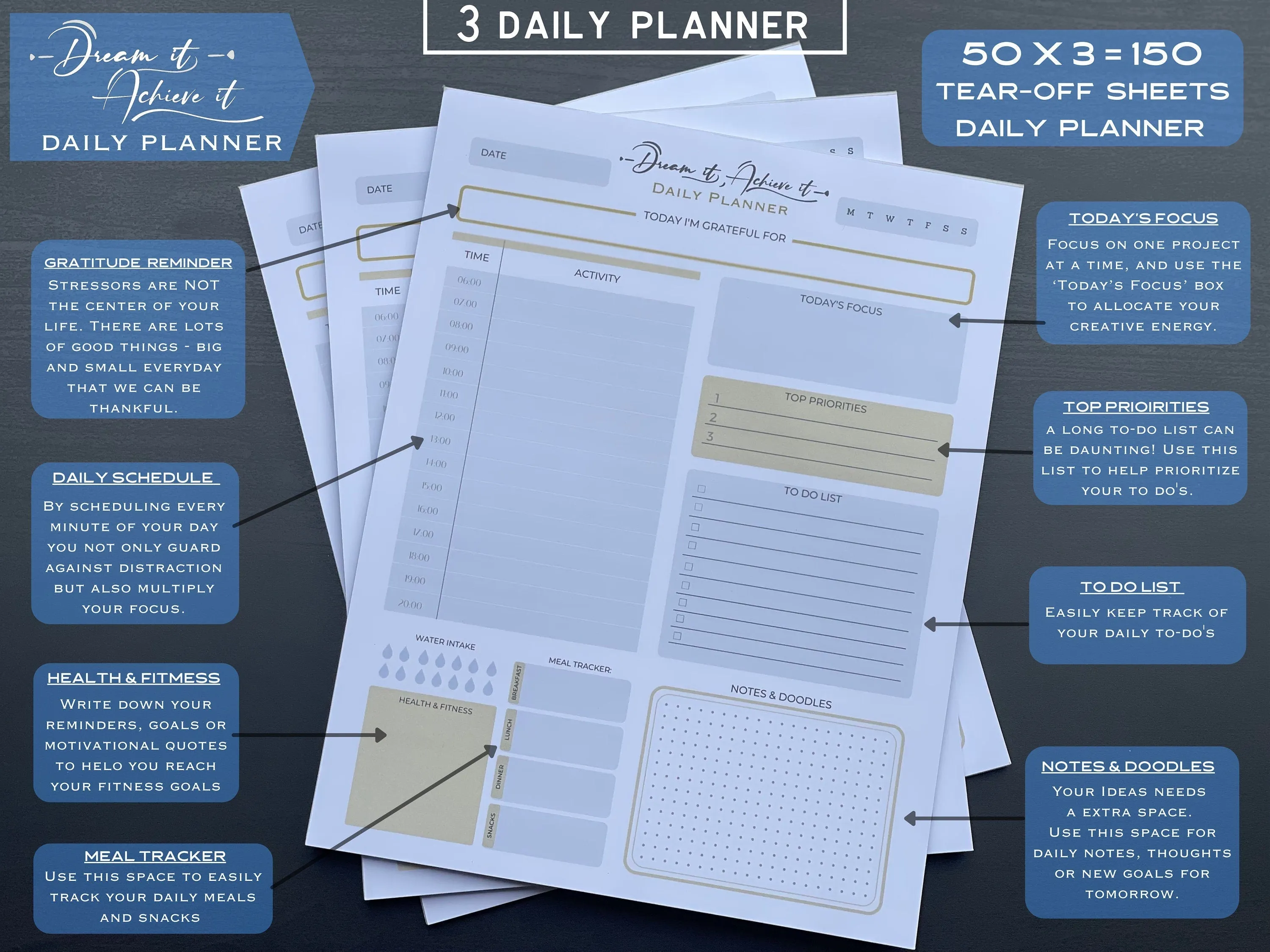 Business Gift Set, Dream lt Achieve It Daily Planner   Padfolio   Pen,