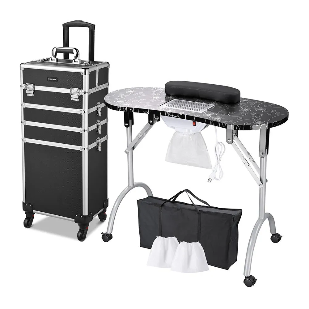 Byootique Portable Manicure Table 4in1 Rolling Makeup Case Black