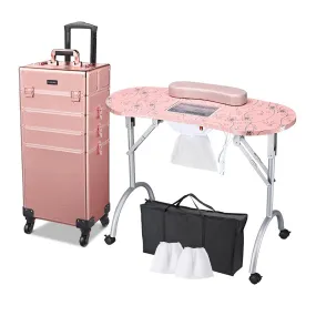 Byootique Portable Manicure Table 4in1 Rolling Makeup Case Pink