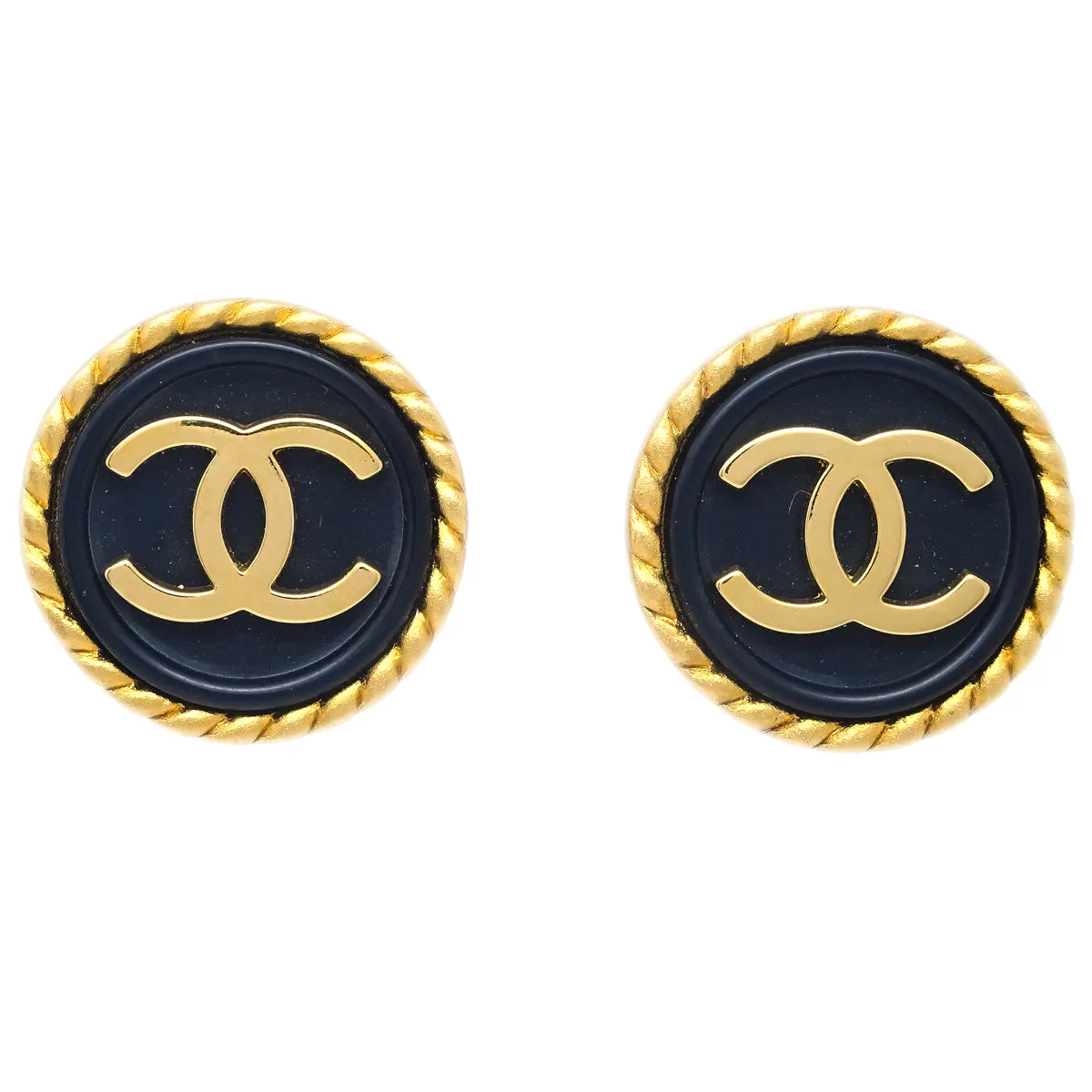 Chanel Button Earrings Clip-On Black Gold