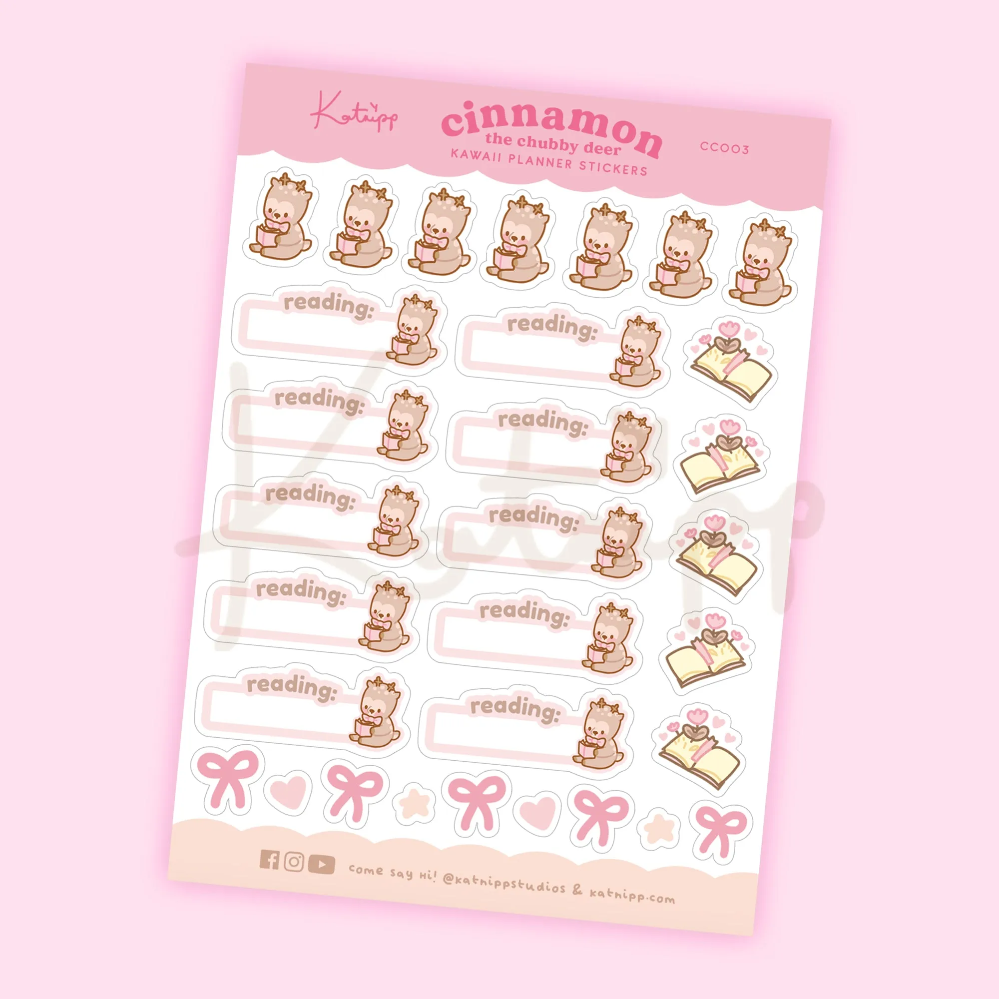 Cinnamon Pink Coquette Reading Stickers | Kawaii Planner Stickers for Book Lovers & Journals | CC003