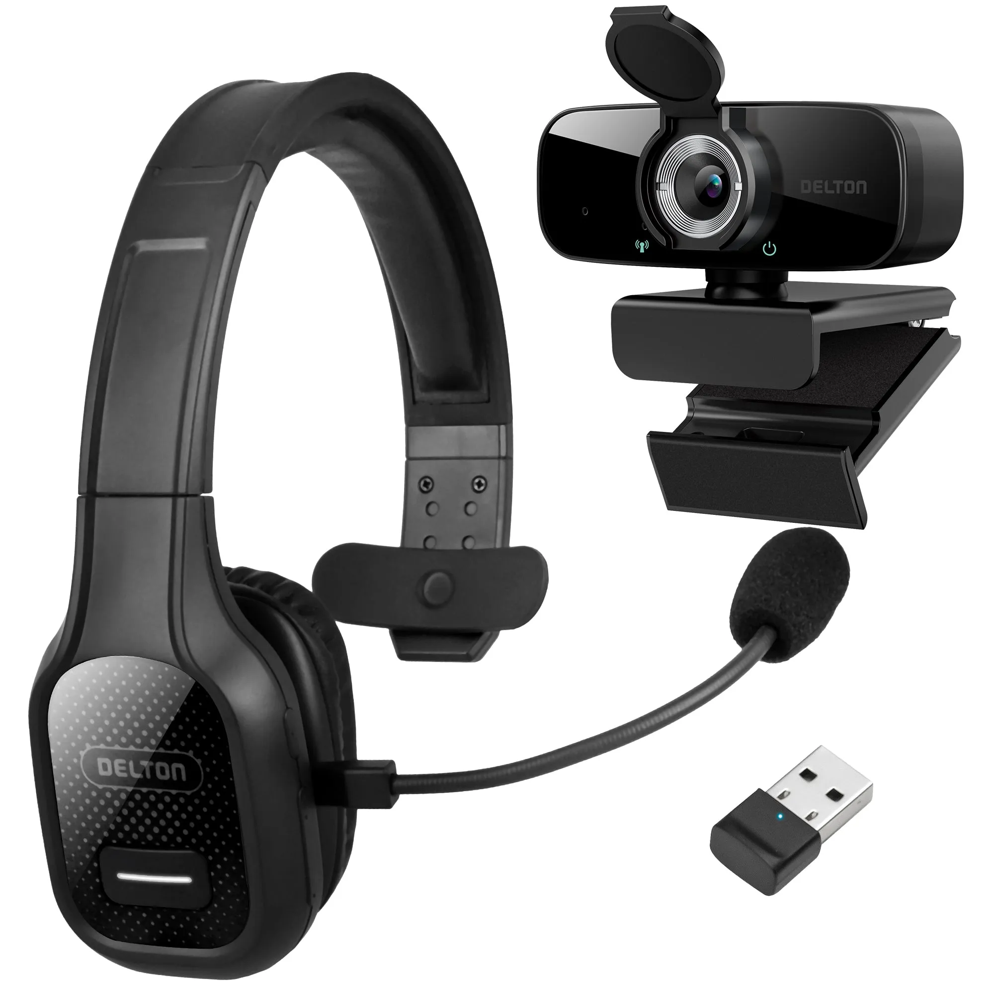 Delton 20X Bundle: Professional Wireless Computer Headset with Mic   Auto Pairing USB Dongle   1080P USB Webcam