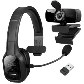 Delton 20X Bundle: Professional Wireless Computer Headset with Mic   Auto Pairing USB Dongle   1080P USB Webcam