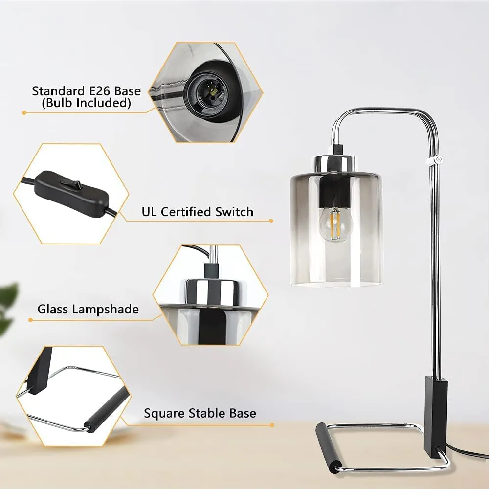 Depuley Industrial Table Lamp, Metal Besides Reading Lamps with Gradient Grey Glass Lampshade, Vintage Nightstand Desk Light