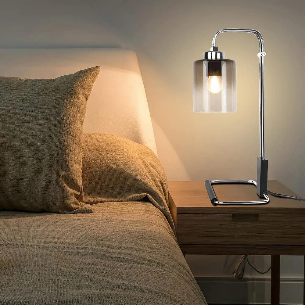 Depuley Industrial Table Lamp, Metal Besides Reading Lamps with Gradient Grey Glass Lampshade, Vintage Nightstand Desk Light