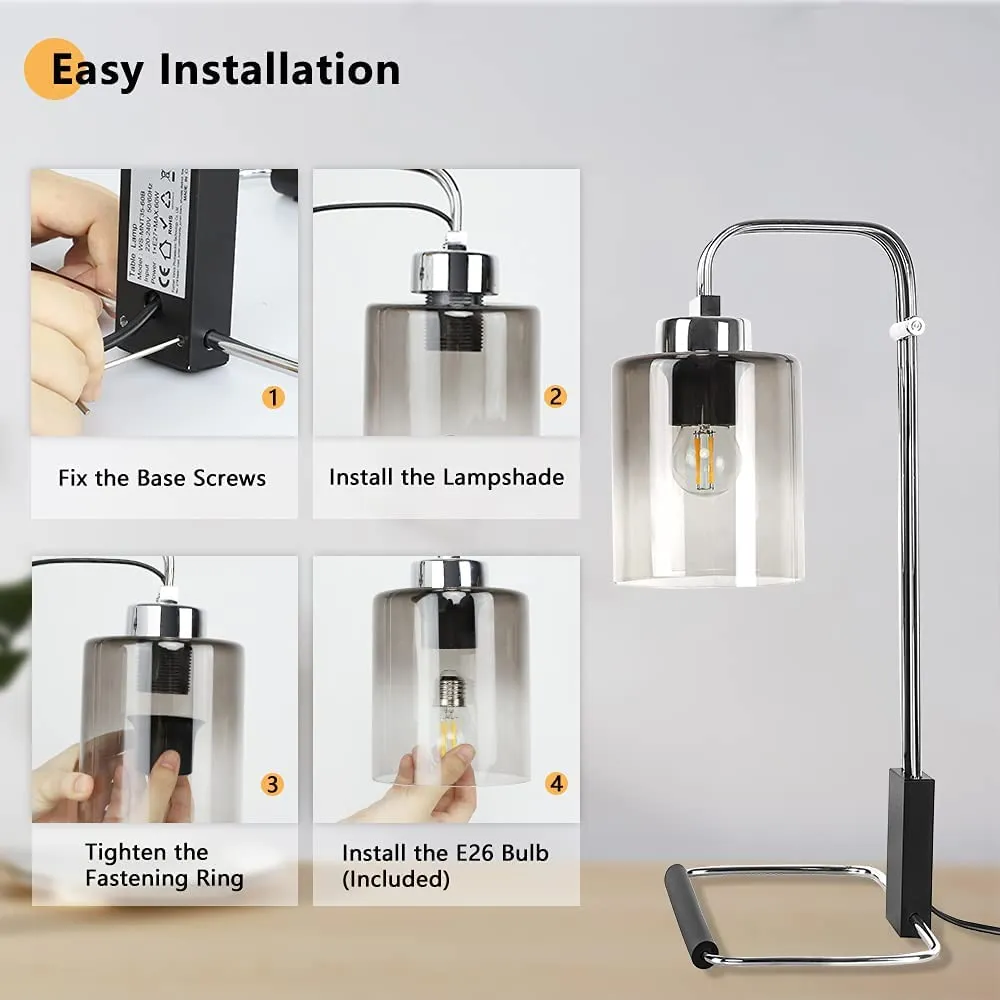 Depuley Industrial Table Lamp, Metal Besides Reading Lamps with Gradient Grey Glass Lampshade, Vintage Nightstand Desk Light