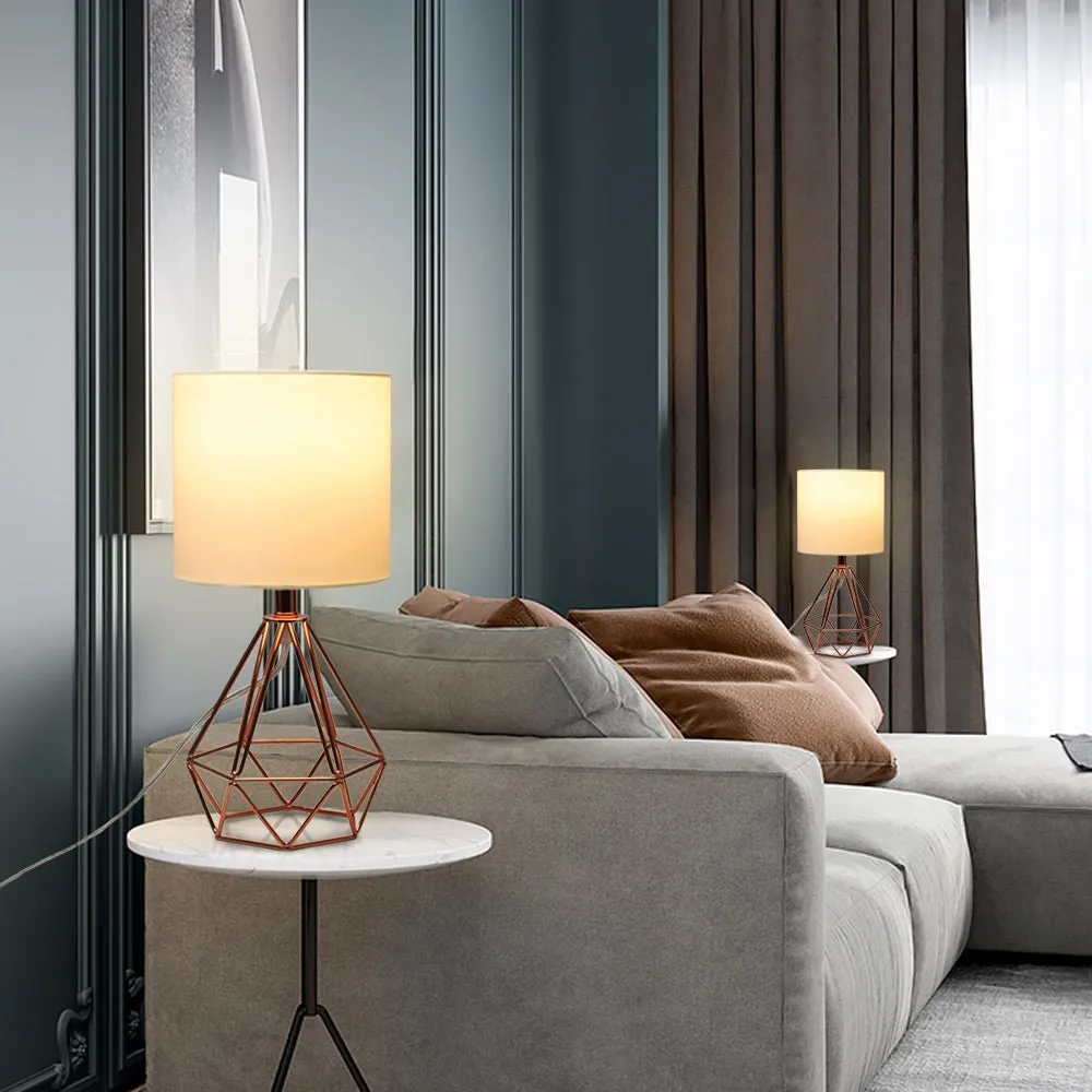 Depuley Modern Table Lamp for Bedroom, Geometric Bedside Lamp with Rose Gold Hollowed Out Metal Base and Fabric Shade, Nightstand Lamps for Living Room, Office