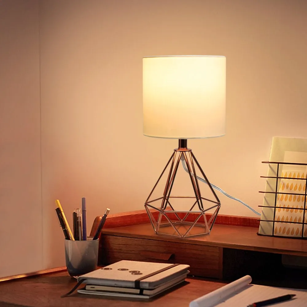 Depuley Modern Table Lamp for Bedroom, Geometric Bedside Lamp with Rose Gold Hollowed Out Metal Base and Fabric Shade, Nightstand Lamps for Living Room, Office