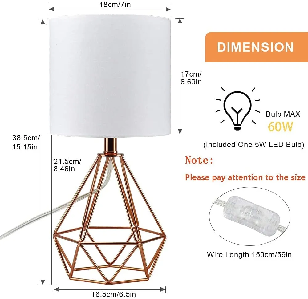 Depuley Modern Table Lamp for Bedroom, Geometric Bedside Lamp with Rose Gold Hollowed Out Metal Base and Fabric Shade, Nightstand Lamps for Living Room, Office