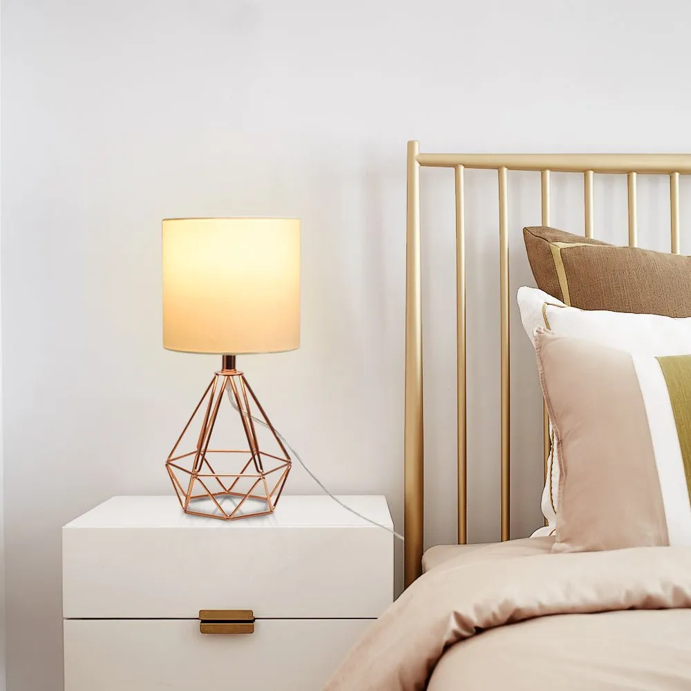 Depuley Modern Table Lamp for Bedroom, Geometric Bedside Lamp with Rose Gold Hollowed Out Metal Base and Fabric Shade, Nightstand Lamps for Living Room, Office